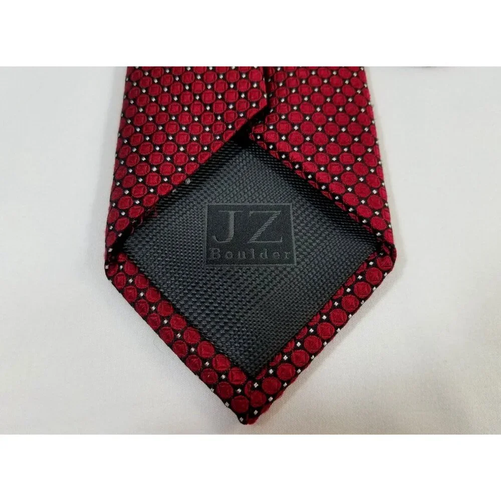 JZ Richards Mens Red Silk Tie Made In USA Geometric Circles in Squares